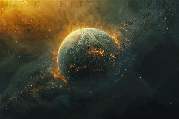 A representation of the earth in space, strongly heated, burning due to extreme radiation from the