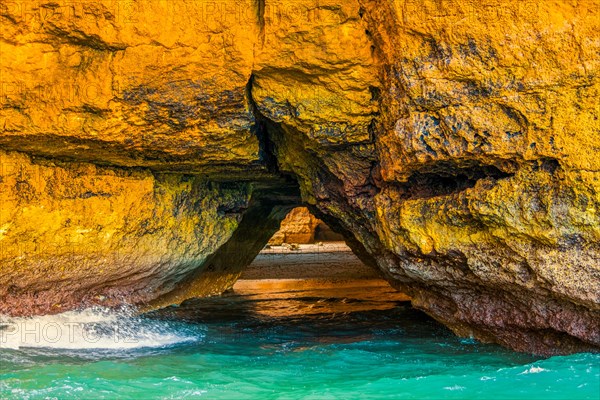 Beautiful limestone Algarve coast with caves and rock formation, Albufeira, south of Portugal