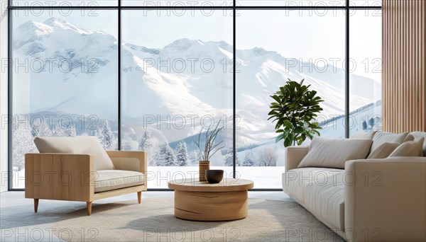 Cozy living room with modern furniture and a breathtaking mountain view through floor-to-ceiling