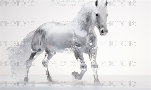 White horse with flying hair and splashes of water on white background. Frozen water splashes on