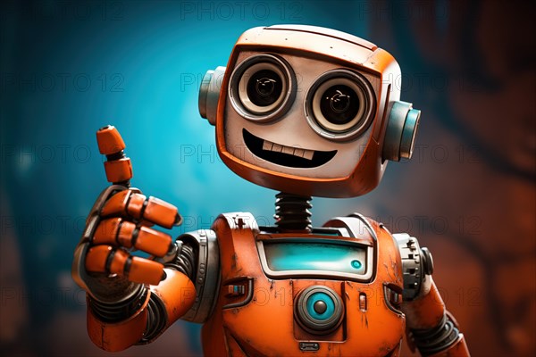 Orange robot showing a thumbs up gesture. The friendly robot has big round eyes and a friendly