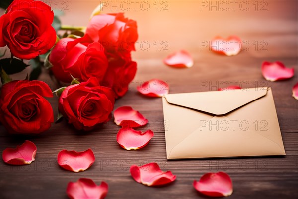 Vibrant red roses, a romantic valentine love letter in an elegant envelope, and scattered rose