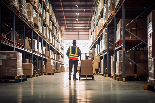 A worker in a reflective vest operates a forklift in a well-lit warehouse, navigating through