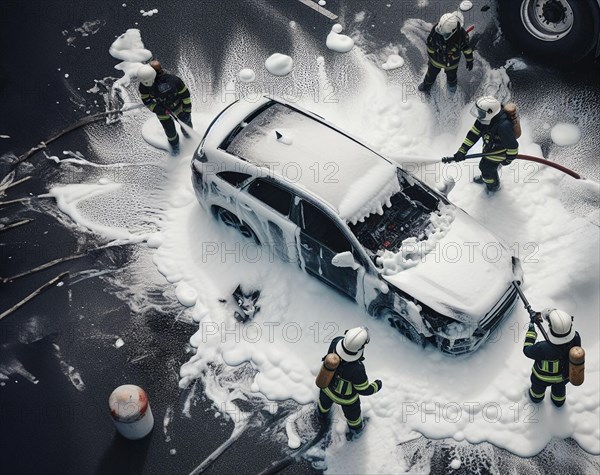 A firefighter in full gear uses a hose with chemical white foam to extinguish flames engulfing