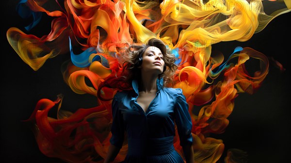Beautiful young woman dressed in a blue dress, colourful silk scarves waving in the background, AI