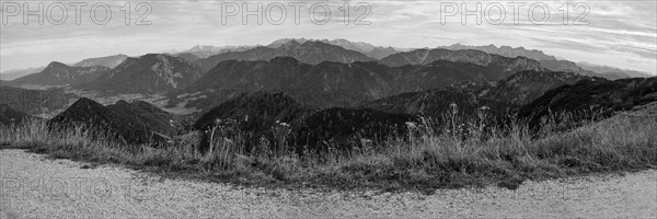 View from Hochfelln to Chiemgau Alps with Ruhpolding, behind Berchtesgaden Alps, Leoganger and