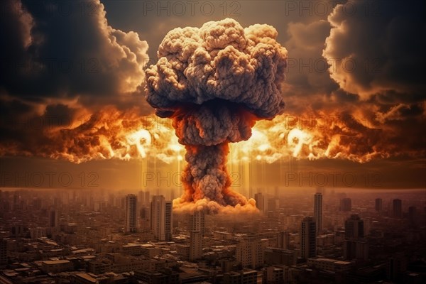 Nuclear blast and mushroom cloud in a city skyline. The explosion is destroying buildings and