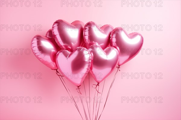 Bunch of glossy pink heart-shaped balloons against a soft pink background, perfect for Valentine