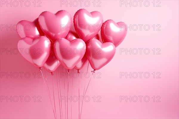 Bunch of glossy pink heart-shaped balloons against a soft pink background, perfect for Valentine's