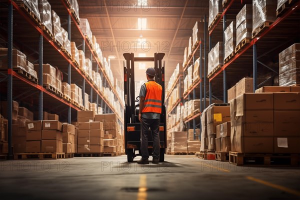 A worker in a reflective vest operates a forklift in a well-lit warehouse, navigating through