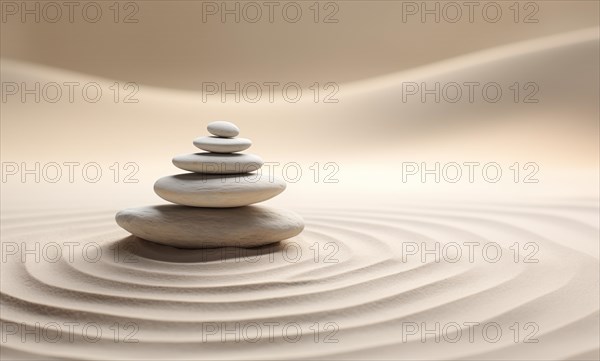 Zen stones stack on raked sand in a minimalist setting for balance and harmony. Balance, harmony,