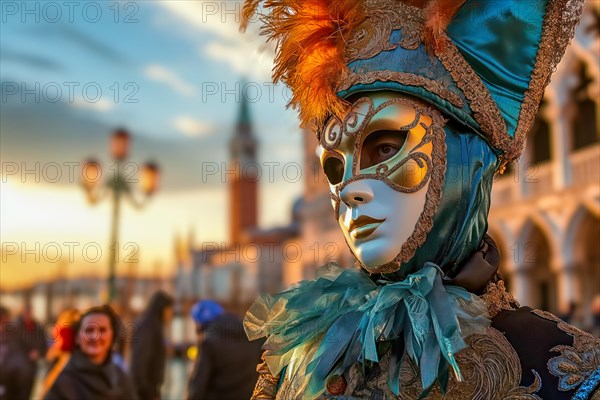 A person adorned in a richly detailed and colorful carnival costume, complete with an elaborate