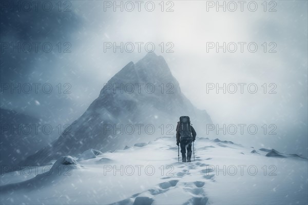 A mountaineer in mountains approaching a majestic snowy mountain peak amidst a snowfall and snow