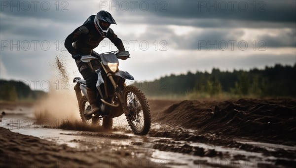 Motocross on an enduro motorcycle through mud and sand, a motorcyclist in gear and a helmet rides
