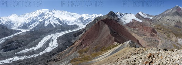 High mountain landscape with glacier moraines and glacier tongues, glaciated and snow-covered
