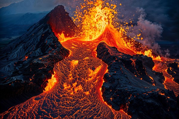 A spectacular volcanic eruption at night with flowing lava and rising clouds of smoke, AI