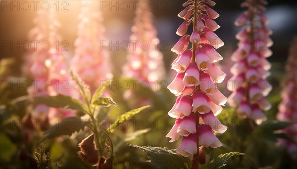 Sunset light filters through pink Digitalis ferruginea â€˜Gigantea flowers in a peaceful garden, AI
