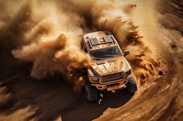 A dynamic aerial view of monster truck, with large tires, making its way off-road through rough