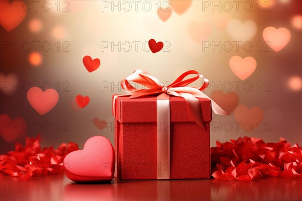 Valentine's Gift red gift box adorned with a soft pink ribbon, surrounded by heart-shaped confetti