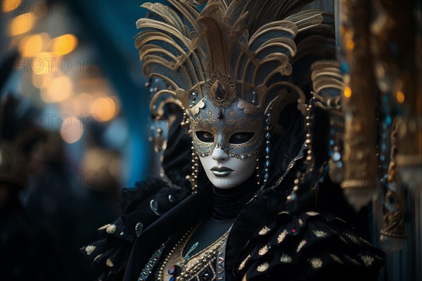 A person adorned in a richly detailed mask and costume, capturing the essence of the Venice