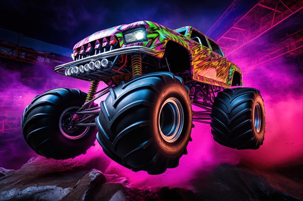 Monster truck with neon lighting, jumping off-road in cloud of dust. Excitement and thrill of an