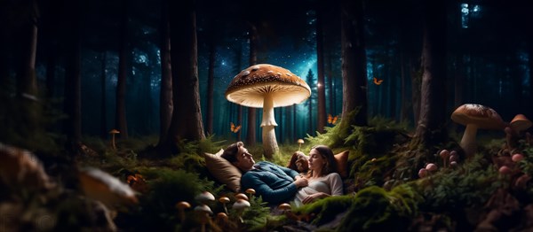 Couple resting in the forest under mushrooms, the concept of a fly agaric psilocybin trip, AI