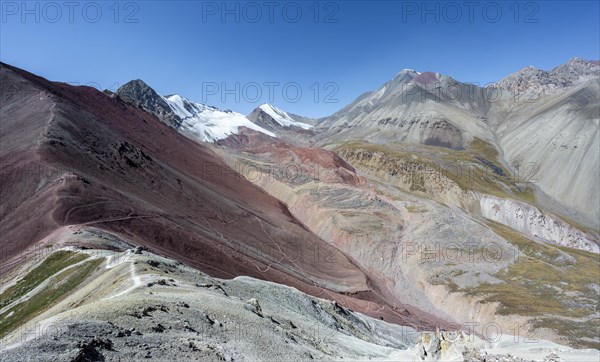 Mountain landscape of glacial moraines, mountains with red and yellow rocks, glaciated mountains in