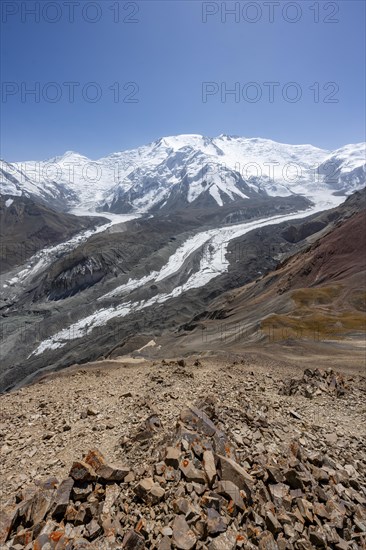 High mountain landscape with glacier moraines and glacier tongues, glaciated and snow-covered