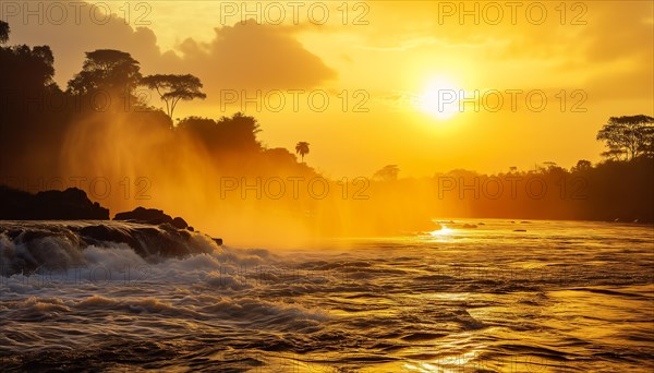 Sunset over a powerful Inga waterfall in the democratic republic of Congo with mist rising and the