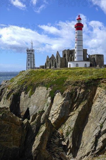 Semaphore, ruins of the Saint-Mathieu abbey and lighthouse on the Pointe Saint-Mathieu,