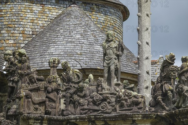 Calvary Calvaire, granite stone carving, Enclos Paroissial parish enclosure of Guimiliau, Finistere