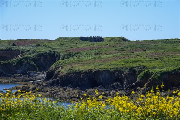 The Ile de l'Aber with ruins of the fort in the Baie de Douarnenez, Crozon peninsula, Finistere