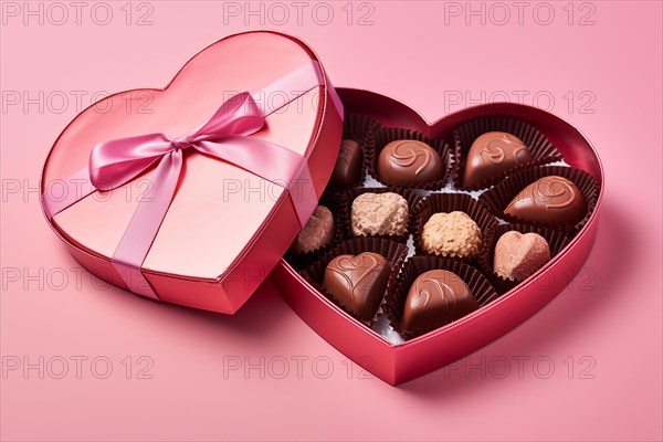 Heart-shaped box with a selection of finely crafted chocolates, perfect for Valentine's Day, on