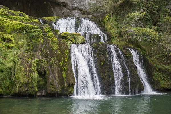 Spring and waterfall, Source du Lison, Source des Lison, Nans-sous-Sainte-Anne, Departement Doubs,