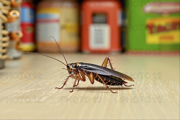 A cockroach (Blattodea) crawls across a shiny wooden floor, with blurred background of household