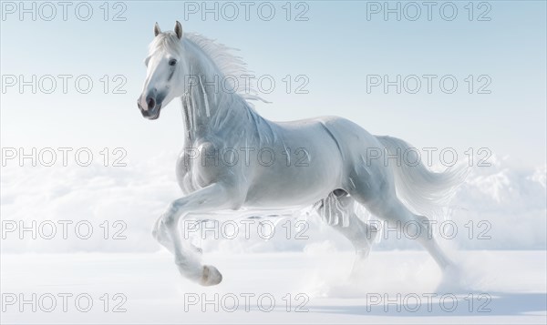 White horse with flying hair and splashes of water on white background. Frozen water splashes on