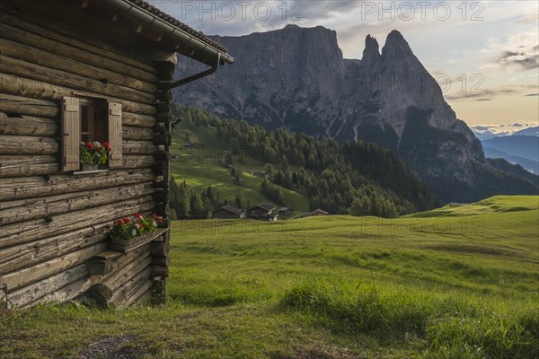 Alpine hut on the Alpe di Siusi, behind the peak of the Sciliar, Val Gardena, Dolomites, South