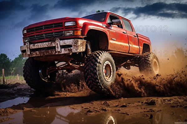 Monster truck driving outdoors amidst a cloud of dust. Thrill and adrenaline of an outdoor racing