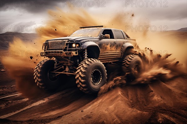 Monster truck driving outdoors amidst a cloud of dust. Thrill and adrenaline of an outdoor racing