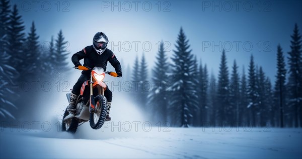 Motocross on an enduro motorcycle in the snow in winter, a motorcyclist in equipment and a helmet