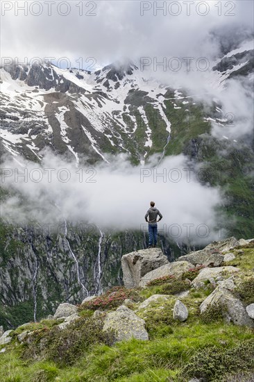 Mountaineer standing on a rock, cloudy mountain landscape with blooming alpine roses, view of rocky