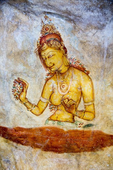 Rock painting frescoes of maidens in the palace fortress, Sigiriya, Central Province, Sri Lanka,