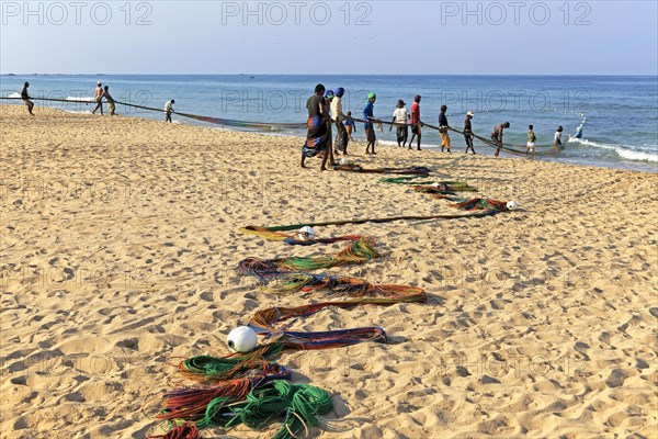 Traditional fishing hauling nets Nilavelli beach, near Trincomalee, Eastern province, Sri Lanka,