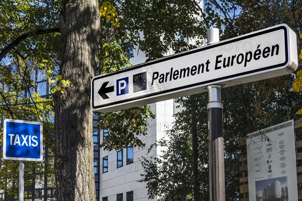 Signpost with directions to the European Parliament in the European quarter at Strasbourg, France,