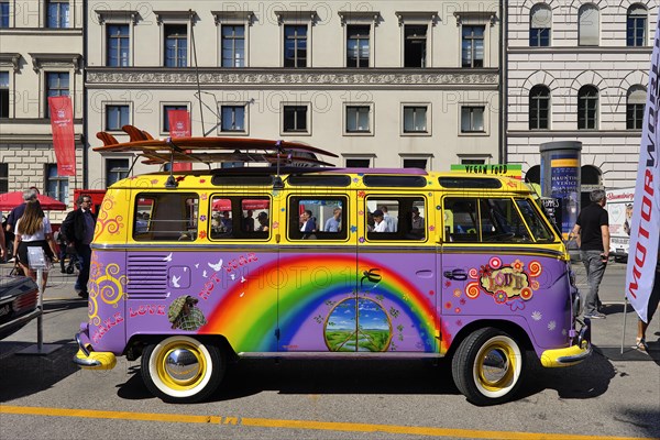 VW Transporter T1, side view, with surfboards and painting from the hippie era, Munich, Bavaria,