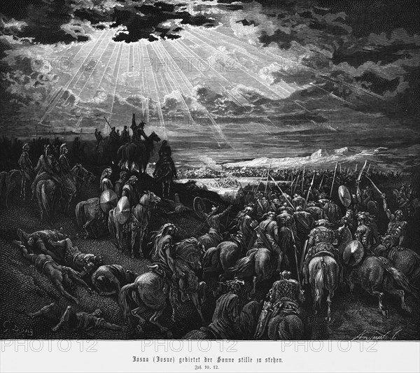 Joshua commands the sun to stand still, Book of Joshua, chapter 10, armies, warriors, horsemen,