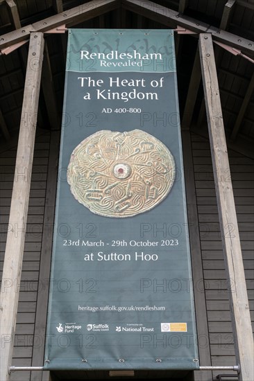Advertising banner for Rendlesham Revealed archaeological exhibition, Sutton Hoo, Suffolk, England,