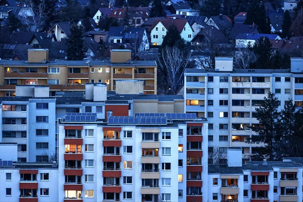 View of tower blocks and apartment blocks in the Neukoelln district of Berlin. The rise in rents in