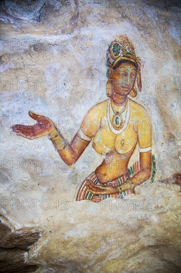 Rock painting frescoes of maidens in the palace fortress, Sigiriya, Central Province, Sri Lanka,