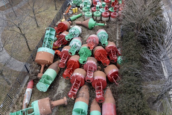 Detroit, Michigan, Navigational buoys stored at the U.S. Coast Guard station. The buoys mark the
